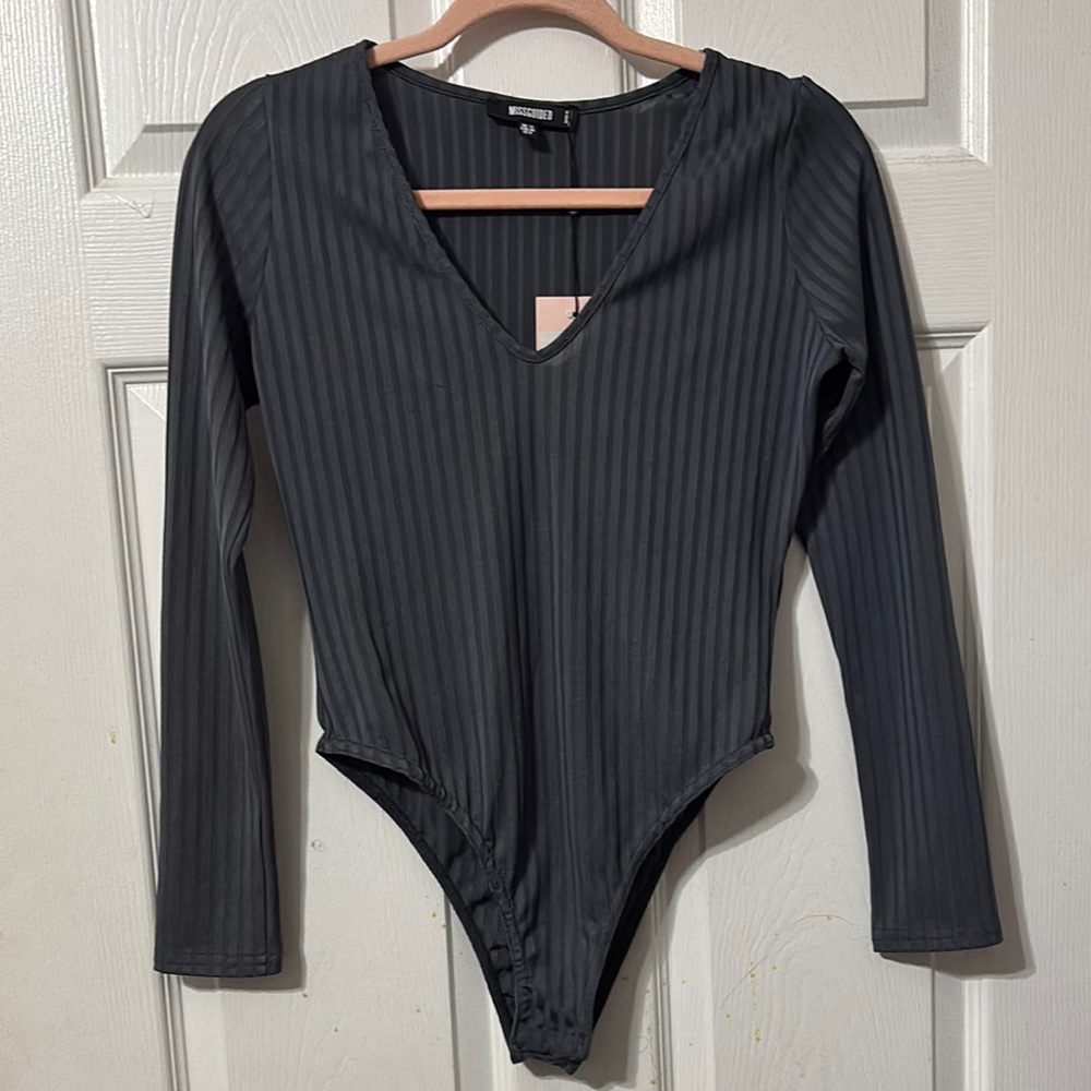 Missguided Charcoal Ribbed Top Bodysuit